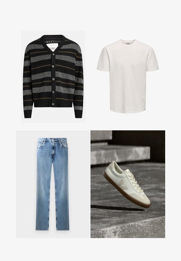 Cárdigan negro con rayas verticales en gris y oliva. Presenta un escote en V, puños acanalados y seis botones negros en la parte delantera.; Camiseta blanca lisa de manga corta con textura y cuello redondo, expuesta sobre un fondo neutro, sin logotipos ni diseños visibles.; Jeans de mezclilla de corte recto en azul claro, con bolsillos, remaches de cobre y un cierre de botón. Presentan un diseño desgastado y un dobladillo limpio.; Zapatillas blancas de cuero con suela de goma color beige, cordones planos y un acento en forma de V en el costado. Presentan una superficie lisa y detalles mínimos de costura.