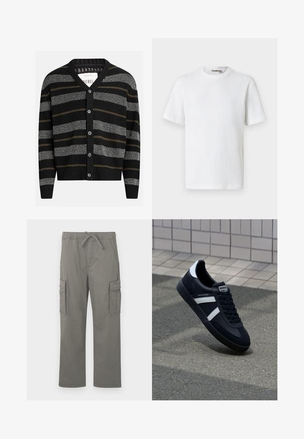 Zwarte cardigan met verticale strepen in grijs en olijfgroen. Heeft een V-hals, geribbelde manchetten en zes zwarte knopen aan de voorkant.; Wit T-shirt met korte mouwen, wafelstructuur en ronde hals, met een klein merkembleem aan de binnenkant van de kraag, afgebeeld op een effen achtergrond.; Grijze rechte cargobroek met elastische tailleband, trekkoord, zijflapzakken en voorste schuine zakken op een witte achtergrond.; Zwarte leren sneaker met witte strepen, een gestructureerde rubberen zool en vetersluiting aan de voorkant. Voorzien van een merklabel op de tong.