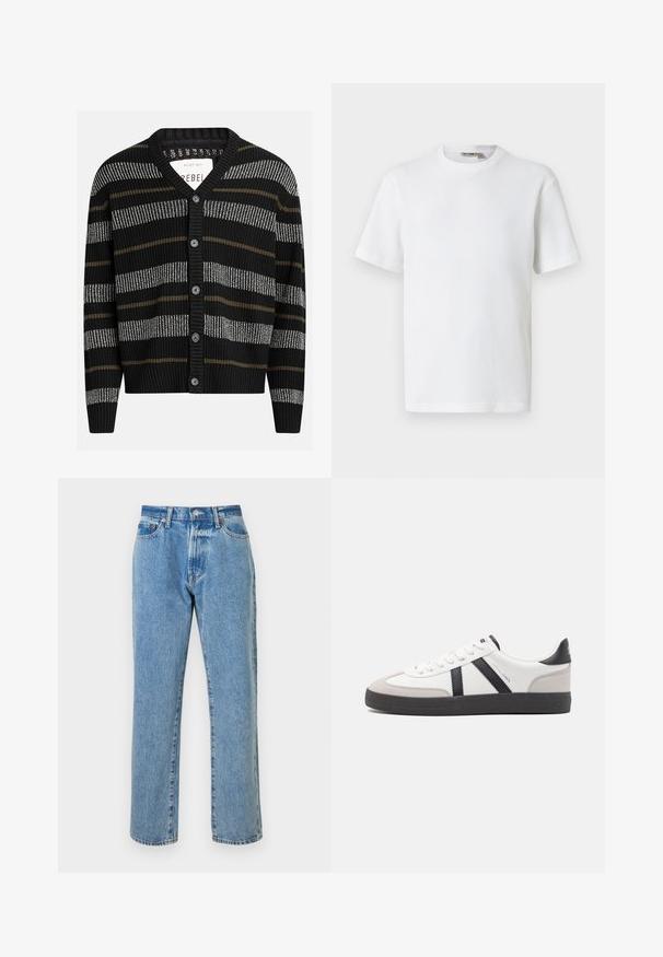 Zwarte cardigan met verticale strepen in grijs en olijfgroen. Heeft een V-hals, geribbelde manchetten en zes zwarte knopen aan de voorkant.; Wit T-shirt met korte mouwen, wafelstructuur en ronde hals, met een klein merkembleem aan de binnenkant van de kraag, afgebeeld op een effen achtergrond.; Lichtblauwe denim jeans met een rechte pijp, voorzien van vijf zakken, een ritsgulp en koperen hardware accenten. Versleten details overal.; Witte sneaker met zwarte en grijze accenten, voorzien van een grijze neus met textuur, zwarte rubberen zool en platte witte veters. Schoon ontwerp, minimalistische stijl.