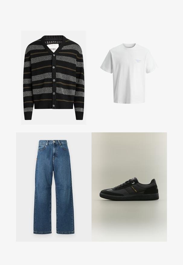Cárdigan negro con rayas verticales en gris y oliva. Presenta un escote en V, puños acanalados y seis botones negros en la parte delantera.; Camiseta blanca de manga corta con un pequeño texto en azul claro que dice "MIDTOWN Memento" en el lado izquierdo del pecho, fondo liso.; Vaqueros de mezclilla azul con un ajuste relajado, piernas rectas, costura visible y un cierre de botón en la parte delantera. Presenta un bolsillo lateral con un acento.; Zapatilla deportiva negra de corte bajo con cordones en la parte delantera, suela texturizada y logotipo "Jack & Jones" en el lateral, sobre un fondo liso.