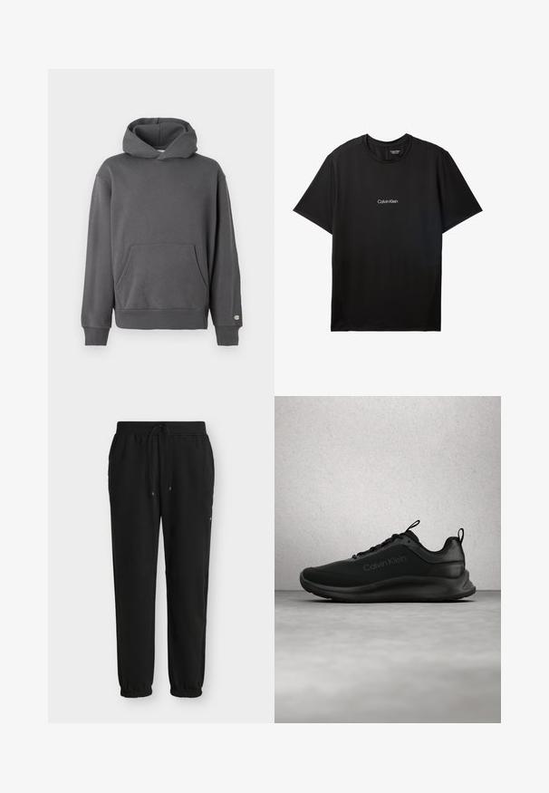 Grå pullover hoodie med en frontkangaroo-lomme, ribbede manchetter og hætte med snoretræk. Har diskret logo-detaljering på brystet.; Sort kortærmet Calvin Klein T-shirt med rund hals og lille hvidt Calvin Klein-logo centreret på brystet.; Sorte afslappede joggingbukser med elastisk talje, snøre, sidelommer og elastiske manchetter på en ensartet lys baggrund.; Sort Calvin Klein-sneaker med snøre, der svæver over en gråpoleret gulv, med glasblokvinduer i baggrunden.