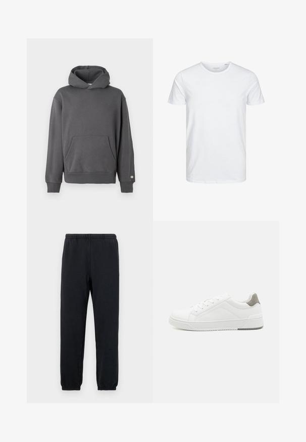 Grijze pullover hoodie met een voorzak, geribde manchetten en een capuchon met trekkoord. Heeft subtiele logodetails op de borst.; Ronde hals kortemouwen t-shirt in effen wit, gemaakt van zachte katoen, heeft een eenvoudig ontwerp zonder zichtbare patronen of accenten.; Zwarte sweats met een elastische tailleband en taps toelopende enkels; gemaakt van zachte, rekbare stof, met een minimalistisch ontwerp zonder patronen.; Witte sneaker van glad leer met een ronde neus, minimalistisch ontwerp, grijze hielaccent en een geplaatste rubberen zool.