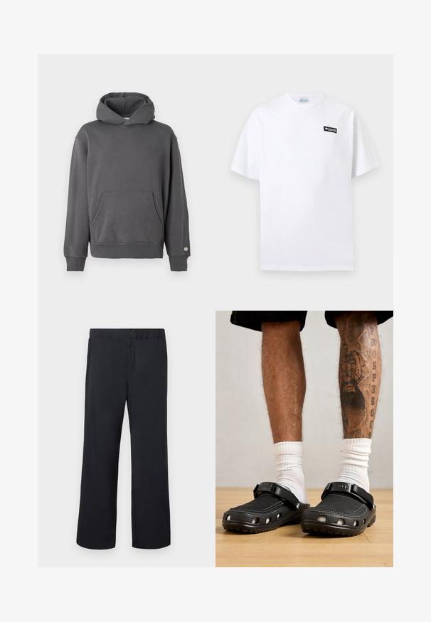 Grijze pullover hoodie met een voorzak, geribde manchetten en een capuchon met trekkoord. Heeft subtiele logodetails op de borst.; Wit T-shirt met korte mouwen en een klein zwart Columbia-logo op de bovenste linkerborst tegen een effen achtergrond.; Zwarte rechte broek met elastische tailleband en enkele knoop boven ritssluiting, plat uitgestald op een witte achtergrond.; Zwarte klompen met een gestructureerde bovenkant, verstelbare band en ventilatiegaten, gecombineerd met witte crew-sokken en shorts tot boven de knie.