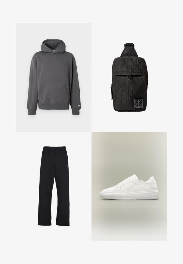 Grijze pullover hoodie met een voorzak, geribde manchetten en een capuchon met trekkoord. Heeft subtiele logodetails op de borst.; Zwarte, losvallende joggingbroek met een elastische tailleband en zijzakken in de zijkantse naden. Heeft een klein wit logo aan de linkerkant.; Witte lage sneaker met veters aan de voorkant, getextureerde zijpanelen en dikke zool op een neutrale achtergrond.; Zwarte Calvin Klein crossbodytas met overal CK-logo patroon, voorvak met ritssluiting en verstelbare band.