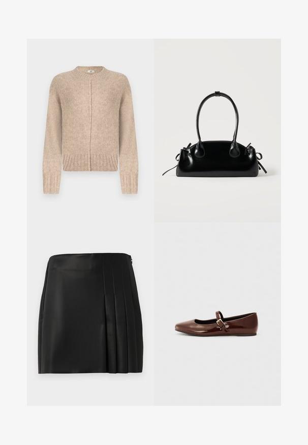 Pull en tricot beige à manches longues, col rond, ourlet côtelé et détail de couture sur le devant. Confectionné dans un matériau doux et texturé.; Jupe mini en faux cuir noir avec un devant lisse et des plis sur le côté droit, équipée d'une fermeture éclair au dos.; Ballerine en cuir verni marron avec un bout carré et une lanière ornée d'une petite boucle dorée. Texture lisse, talon bas et design minimaliste.; Petit sac à main noir brillant avec deux longues anses et des détails à cordon sur les côtés sur un fond clair uni.
