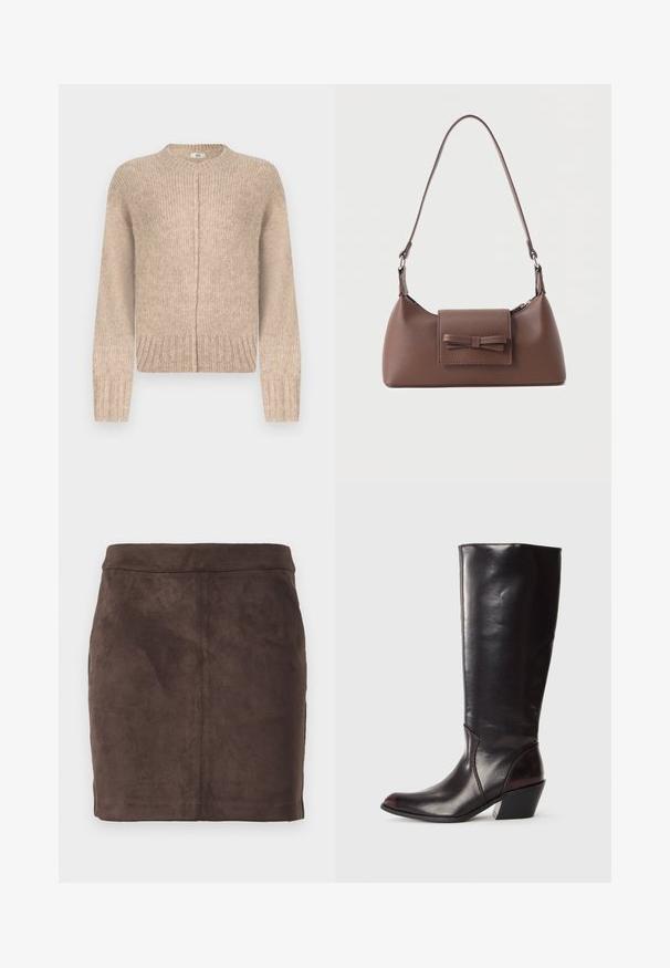 Pull en tricot beige à manches longues, col rond, ourlet côtelé et détail de couture sur le devant. Confectionné dans un matériau doux et texturé.; Jupe mini en daim marron avec une texture lisse, un design effilé et une taille plate, comprenant des coutures verticales pour la structure.; Botte en cuir brun foncé, à hauteur de genou, avec un bout pointu, un talon bloc angulaire et une texture lisse et brillante. Présente un design épuré et des détails de couture.; Sac à bandoulière en cuir marron avec une poche à rabat avant ornée d'un détail en forme de nœud cousu et une sangle réglable.
