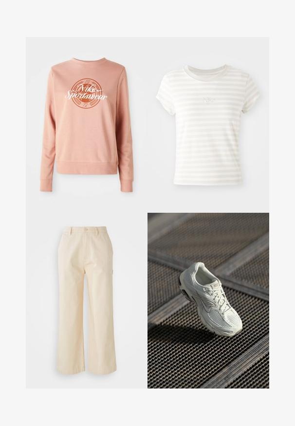 Sudadera de color rosa claro hecha de tela suave, con un logo redondo que dice "Nike Sportwear" y elementos decorativos en un rosa más oscuro.; Camiseta de tirantes cortos a rayas blancas, hecha de algodón suave. Presenta un cuello redondo y un pequeño logo de Nike bordado en el pecho.; Pantalones de pierna ancha de color beige claro, hechos de algodón con una textura suave, que cuentan con un cierre frontal de botón y bolsillos laterales.; Zapatilla de running blanca de Nike con parte superior de malla y sintético, descansando sobre un suelo de rejilla metálica con luz natural suave.