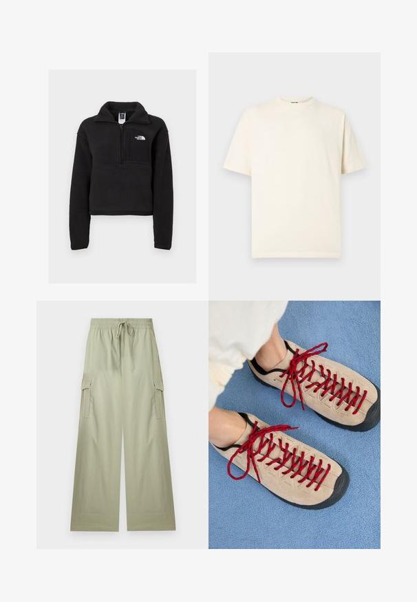 Pull en polaire noir avec une fermeture éclair quart, col haut et une poche poitrine arborant un logo blanc. Texture douce et design court.; T-shirt en coton crème à manches courtes, col rond, avec un petit logo sur le devant. Design simple, texture douce, et coupe décontractée.; Pantalon cargo vert clair à jambes larges avec taille élastique et cordon de serrage, doté de poches latérales à rabat et d'une coupe décontractée.; Des chaussures beiges avec des lacets rouges, posées sur une surface bleue texturée, révèlent partiellement la cheville d'une personne. Les chaussures ont un design sportif.