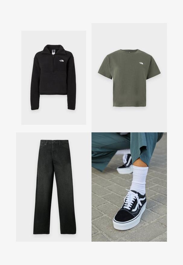 Pull en polaire noir avec une fermeture éclair quart, col haut et une poche poitrine arborant un logo blanc. Texture douce et design court.; T-shirt en coton vert olive à manches courtes, col rond, avec un petit logo blanc sur le côté gauche de la poitrine. Texture lisse et coupe décontractée.; Jean en denim noir à jambes droites avec poches avant et passants pour ceinture, fermeture à bouton et à glissière, présenté sur un fond uni.; Baskets en suède noir avec des accents et des lacets blancs, présentant une épaisse semelle blanche et des coutures contrastantes, associées à une chaussette blanche.