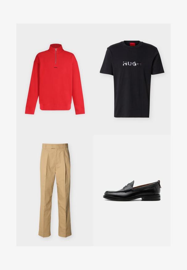 Pull rouge à manches longues avec col haut et demi-fermeture éclair, avec petit logo noir « HUGO » centré sous la fermeture éclair.; T-shirt noir à manches courtes et col rond avec un logo "HUGO" argenté brillant centré sur la poitrine et une étiquette rouge à l'intérieur du col.; Pantalon beige en coton lisse à taille haute, avec des plis à l'avant et des jambes droites. Aucun équipement visible ni motifs.; Mocassin homme en cuir noir avec couture moc toe, bride penny, col texturé et petit talon empilé sur fond blanc.