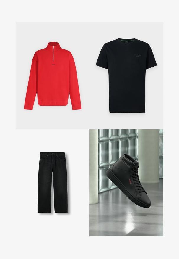 Pull rouge à manches longues avec col haut et demi-fermeture éclair, avec petit logo noir « HUGO » centré sous la fermeture éclair.; T-shirt noir à manches courtes et col rond avec petit logo "Porsche BOSS" sur la poitrine gauche, présenté sur un fond clair uni.; Jean denim noir à coupe droite avec cinq poches, fermeture par bouton et passants pour ceinture, présenté à plat sur un fond blanc.; Baskets montantes noires avec lacets et logo rouge « Hugo », présentées sur un fond de blocs de verre et de sol en béton.