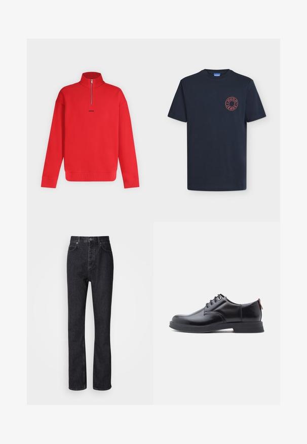Pull rouge à manches longues avec col haut et demi-fermeture éclair, avec petit logo noir « HUGO » centré sous la fermeture éclair.; T-shirt bleu marine à manches courtes, col rond et petit logo circulaire rouge "Hugo Jeans" sur la poitrine gauche.; Jean en denim noir taille haute avec fermeture à bouton et à glissière, poches avant et arrière, et coupe droite.; Chaussures en cuir noir à lacets avec une texture lisse, un bout arrondi et des détails de couture discrets. Présentent une languette rouge à l'arrière.
