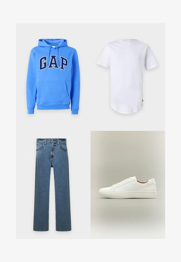 Sweat à capuche bleu avec poche avant et lettrage "GAP" bleu foncé bordé de blanc sur la poitrine.; T-shirt blanc à manches courtes en coton. Design à col rond avec un ourlet arrondi. Étiquette visible sur le côté inférieur gauche. Texture lisse.; Jean en denim droit bleu avec cinq poches, passants de ceinture et fermeture à bouton, présenté sur fond blanc.; Baskets blanches basses avec fermeture à lacets et semelle plate, vues de côté sur un fond neutre.