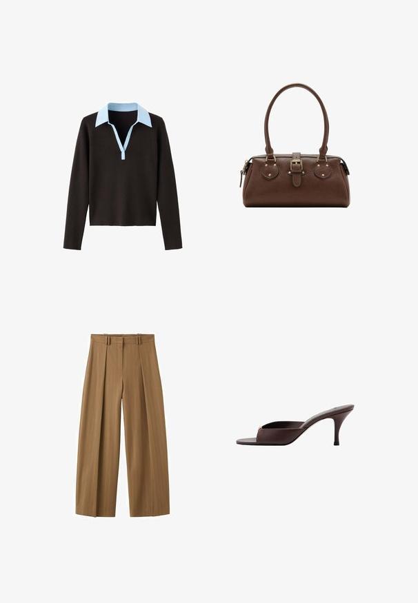 Haut noir à manches longues avec un col bleu clair, doté d'une encolure à demi-patte de boutonnage et d'une coupe courte. Confectionné en tissu doux et texturé.; Pantalon marron taille haute à jambes larges avec fines rayures, plis sur le devant, passants pour ceinture et fermeture éclair dissimulée sur le devant.; Mule marron foncé à bout ouvert, talon bas incurvé et large bride sur l'avant.; Sac à main en cuir marron avec deux poignées, une sangle centrale à boucle et des ferrures dorées, présenté sur fond blanc.