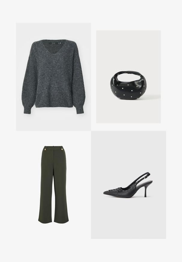 Pull en tricot gris avec un col en V, coupe décontractée et manches longues bouffantes. Présente une texture subtile et des poignets côtelés aux poignets.; Pantalons larges vert olive avec une texture lisse, dotés de deux boutons dorés à la taille et d'une silhouette épurée et bien ajustée.; Escarpin en cuir noir à talon aiguille avec un bout pointu, une bride latérale à boucle, des clous le long du bord et un laçage décoratif à l'avant.; Sac à main en cuir noir de forme arrondie, décoré de clous argentés et équipé d'une poignée courte. Texture lisse et fermeture éclair.