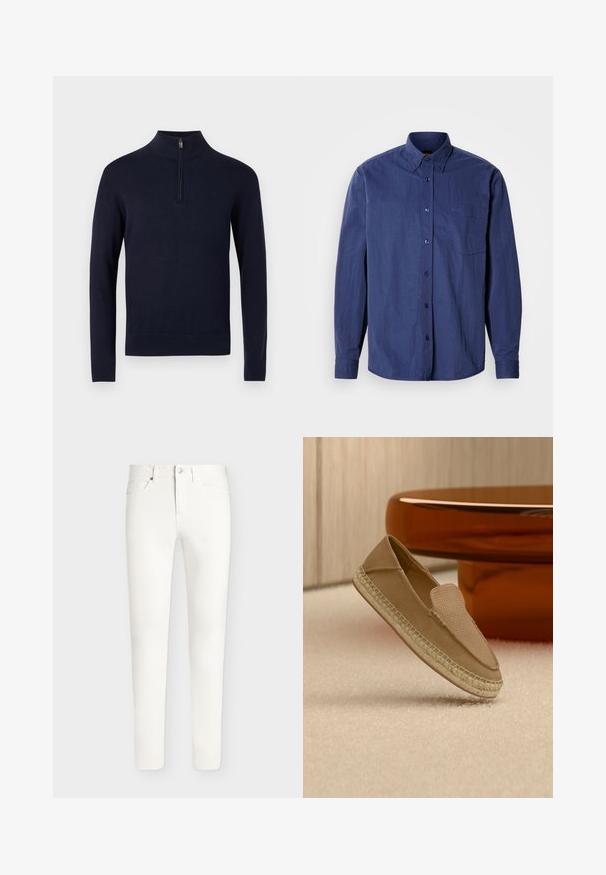 Pull-over bleu marine avec un col montant et une fermeture éclair d'un quart, en tissu tricoté lisse, doté de manches longues et d'un ourlet inférieur ajusté.; Chemise bleu foncé à boutons avec col pointu, manches longues, poche poitrine unique et broderie de logo subtile. Tissu lisse et léger.; Jean slim blanc avec poches avant et arrière, fermeture par boutons et passants de ceinture, présenté sur un fond uni.; Chaussure beige sans lacets avec tige texturée et semelle tissée, positionnée debout sur un sol recouvert de moquette claire à côté d'une table circulaire marron brillante.