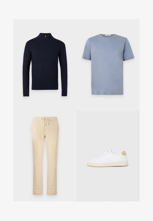 Pull-over bleu marine avec un col montant et une fermeture éclair d'un quart, en tissu tricoté lisse, doté de manches longues et d'un ourlet inférieur ajusté.; T-shirt bleu clair en coton à manches courtes et col rond avec un design simple et une étiquette de marque visible à l'intérieur du col.; Pantalon en lin beige à jambes droites, avec une taille élastique et un cordon de serrage frontal.; Baskets basses blanches avec un dessus en cuir texturé, semelle crémée à stries, et accent de talon tan. Présente des lacets blancs et un logo sur le talon.
