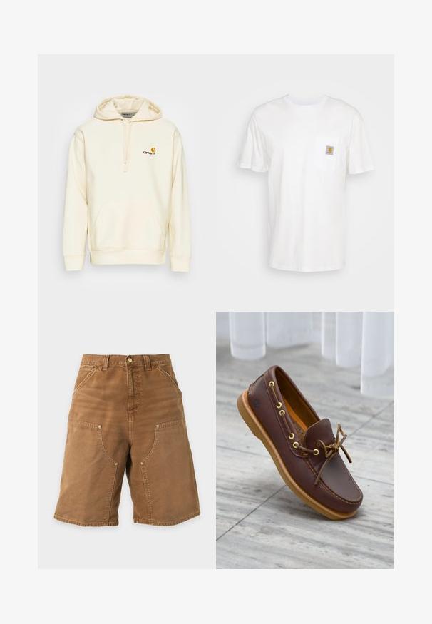 Sweat à capuche en mélange de coton écru. Il présente une poche sur le devant, une capuche avec cordon de serrage et un logo brodé en brun et jaune sur la poitrine.; T-shirt en coton blanc à manches courtes, avec une poche poitrine et un petit patch logo carré en orange et blanc sur la poche.; Short de travail marron longueur genou avec poches avant, passants pour ceinture et fermeture par bouton sur un fond clair uni.; Chaussure bateau en cuir marron avec œillets dorés, devant lacé et semelle en caoutchouc beige. Surface texturée et logo sur le côté.