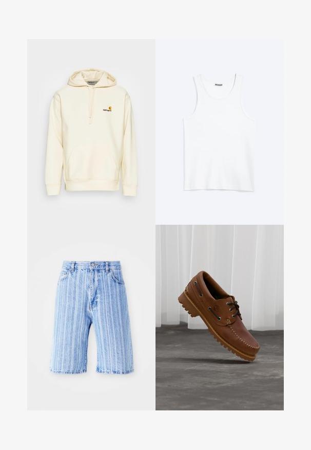 Sweat à capuche en mélange de coton écru. Il présente une poche sur le devant, une capuche avec cordon de serrage et un logo brodé en brun et jaune sur la poitrine.; Débardeur blanc sans manches avec col rond et étiquette de la marque Weekday à l'intérieur du col arrière, présenté à plat sur un fond clair.; Shorts en denim bleu clair avec des rayures blanches verticales, dotés d'un design classique à cinq poches et d'une fermeture à bouton à la taille.; Chaussure de bateau en cuir marron avec des lacets noirs, des coutures beiges et une semelle robuste, suspendue au-dessus d'un sol en béton gris.