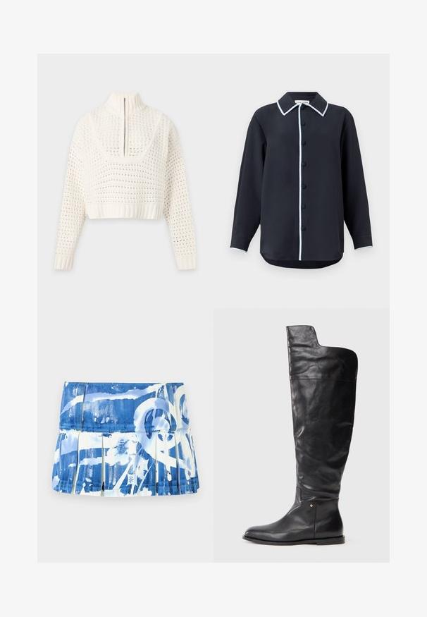 Pull court blanc en tricot avec manches longues, col montant côtelé, fermeture éclair devant et motif à tissage ouvert texturé.; Chemise boutonnée marine avec un col bleu clair contrastant et un pied de col à boutons, manches longues et ourlet arrondi. Fabriquée en tissu lisse.; Jupe plissée bleue et blanche avec un motif éclaboussé de peinture, confectionnée dans un tissu léger à texture lisse et dotée d'une ceinture ajustée.; Botte noire en cuir montant jusqu'au genou avec semelle plate et haut légèrement plus large, muni d'une coupe asymétrique sur le côté externe.