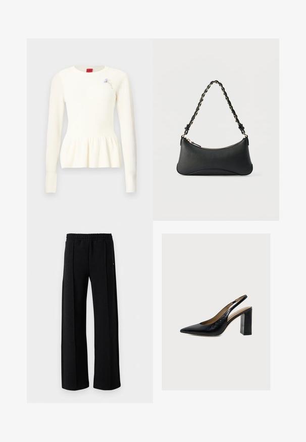 Pull blanc en tricot à manches longues, col rond, ourlet à basque et une petite broche florale bleue sur la poitrine.; Pantalons noirs à jambe droite avec taille élastique et un motif texturé subtil sur l'ensemble du tissu sur un fond blanc.; BOSS MIAH - Escarpins - black; Sac à bandoulière en cuir noir de forme rectangulaire incurvée, avec une chaîne dorée tissée dans la bandoulière noire tressée et une fermeture éclair sur le dessus.