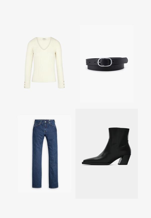 Suéter blanco acanalado de cuello en V con mangas largas y acentos de botones dorados en los puños. Textura suave y diseño ajustado.; Levi's® MOJ MIJ PLANK STRAIGHT - Vaqueros rectos - stems; Bota de tobillo de cuero negro con punta afilada, una silueta elegante y un tacón cuadrado grueso. Textura suave con detalles de costura mínimos.; Cinturón de cuero negro con una textura suave, hebilla ovalada de metal plateado y múltiples agujeros de ajuste a lo largo de la correa. Diseño plano y minimalista.