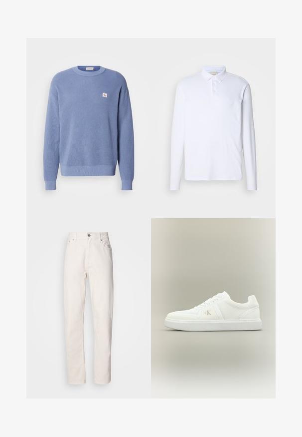 Pull en tricot bleu clair avec une texture côtelée, encolure ronde et coupe légèrement oversize. Présente un petit logo brodé sur la poitrine.; Chemise polo blanche à manches longues en tissu doux, dotée d'un col classique, d'une patte de boutonnage à trois boutons et d'un logo discret sur la poitrine.; Jeans en denim blanc à jambe droite, avec fermeture à bouton et à fermeture éclair, passants de ceinture, et poches avant et arrière, présentés sur fond uni.; Baskets basses blanches avec lacets, côtés en tissu texturé et logo subtil "ck" sur le côté extérieur, placées sur un fond neutre uni.