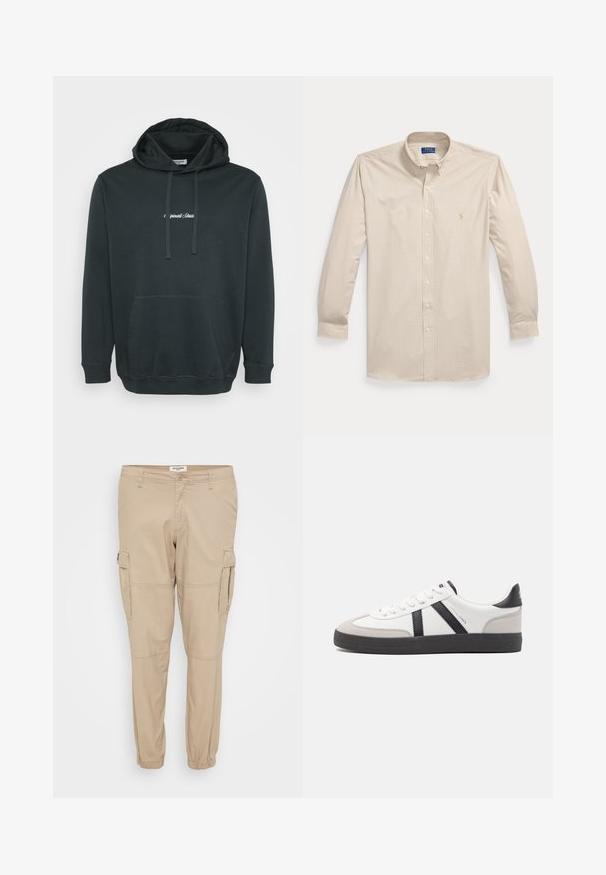 Sort hættejakke lavet af blødt stof, der har en frontlomme i kangaroo-stil, justerbare snore og et lille hvidt logo på brystet.; Langærmet beige og hvid ternet knap-op skjorte med krave og Polo Ralph Lauren-logo på venstre bryst.; Beige cargo bukser lavet af letvægtsstof, med tætsiddende ben, elastiske manchetter og sidelommer med klaplukninger til funktionalitet.; Hvide sneakers med sorte og grå detaljer, med en tekstureret grå tåhætte, sort gummisål og flade hvide snørebånd. Rent design, minimalistisk stil.