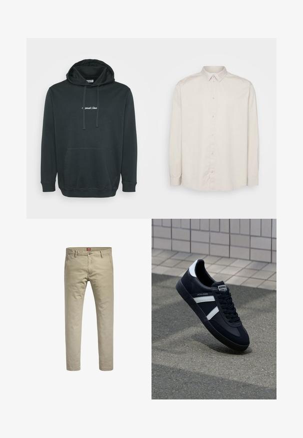 Zwarte hoodie van zacht stof, met een voorzak in kangoeroestijl, verstelbare trekkoorden en een klein wit logo op de borst.; Lange mouwen overhemd met knopen in lichtbeige katoen. Heeft een klassieke kraag, volledige knoopsluiting aan de voorkant en manchetten met knopen. Glad van textuur.; Beige chino's met een recht gesneden ontwerp, gemaakt van katoen. Voorzien van een knoopsluiting en twee zijzakken, met een subtiele textuur.; Zwarte leren sneaker met witte strepen, een gestructureerde rubberen zool en vetersluiting aan de voorkant. Voorzien van een merklabel op de tong.