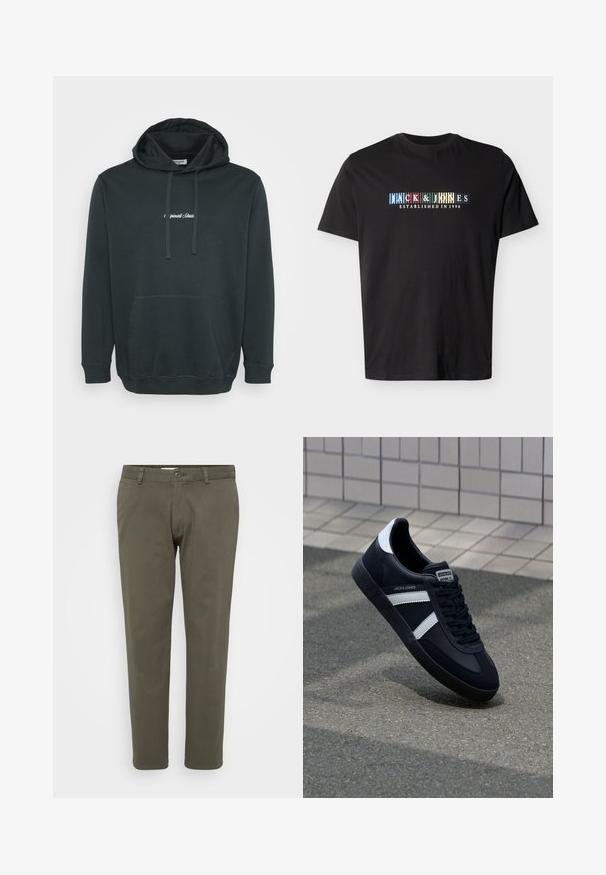 Sort hættejakke lavet af blødt stof, der har en frontlomme i kangaroo-stil, justerbare snore og et lille hvidt logo på brystet.; Sort kortærmet T-shirt med teksten "JACK & JONES ESTABLISHED IN 1990" i farverige blokbogstaver på brystet.; Olivenfarvede bukser lavet af en bomuldsblanding. Lige ben design med flad front, knaplukning og bæltestropper. Glat tekstur.; Sort lædersneaker med hvide striber, tekstureret gummisål og snørrebånd foran. Har et brandet mærke på tungen.