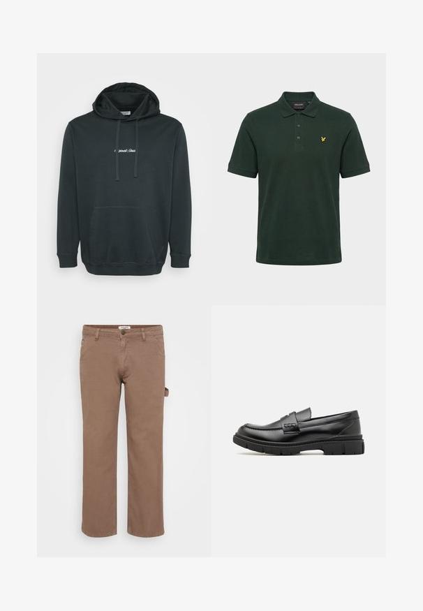 Sort hættejakke lavet af blødt stof, der har en frontlomme i kangaroo-stil, justerbare snore og et lille hvidt logo på brystet.; Mørkegrøn kortærmet poloshirt med tre knapper og et lille gult fuglelogo på venstre bryst.; Brune bomulds twill bukser med et lige ben-design. Har forlommer og en sidelommer til utility. Glat tekstur, afslappet stil.; Sort læder loafersko med en bred rem over forfoden, gummisål med tykke mønstre og glat overflade. Klassisk, slankt design.