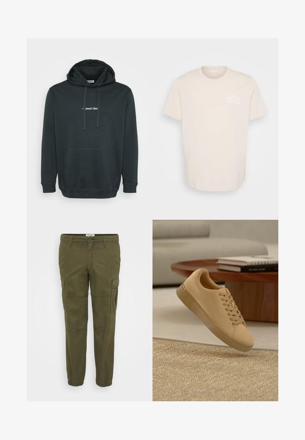 Sort hættejakke lavet af blødt stof, der har en frontlomme i kangaroo-stil, justerbare snore og et lille hvidt logo på brystet.; Lys beige bomulds T-shirt med rund halsudskæring, korte ærmer og et lille hvidt logo på venstre brystområde. Glat tekstur.; Olivengrønne cargo-bukser lavet af bomuld, med sidelommer, elastiske manchetter og en flad front med lynlåslukning og knaplukning.; Beige snørestøvler, der svæver over et tekstureret tæppe med et træ sofabord og stablede bøger i en sløret baggrund.