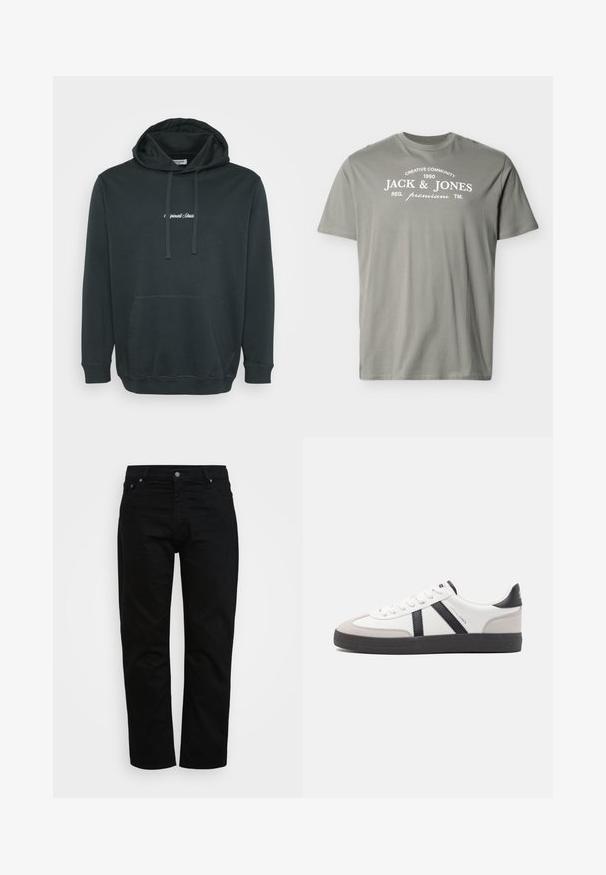 Zwarte hoodie van zacht stof, met een voorzak in kangoeroestijl, verstelbare trekkoorden en een klein wit logo op de borst.; Lichtgrijs T-shirt met korte mouwen en witte tekst "Creative Community 1990 Jack & Jones Reg. premium TM" op de borst.; Zwarte jeans van katoen, met een klassieke snit, vijf zakken en een metalen knoopsluiting. Glad textuur met rechte pijpen.; Witte sneaker met zwarte en grijze accenten, voorzien van een grijze neus met textuur, zwarte rubberen zool en platte witte veters. Schoon ontwerp, minimalistische stijl.