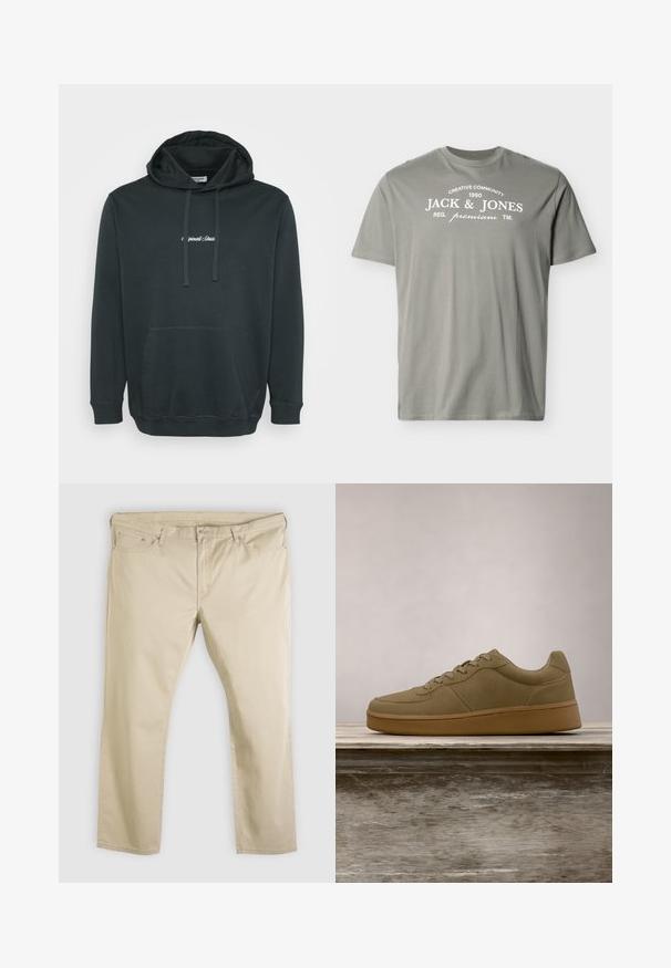 Sort hættejakke lavet af blødt stof, der har en frontlomme i kangaroo-stil, justerbare snore og et lille hvidt logo på brystet.; Lysegrå T-shirt med korte ærmer og hvid tekst "Creative Community 1990 Jack & Jones Reg. premium TM" på brystet.; Beige bukser med lige ben, frontknap og lynlås, bæltestropper og fem lommer, lagt fladt på en hvid baggrund.; Olivengrøn sneaker med snørebånd, der svæver over en træbænk, med sløret grønt løv i baggrunden.