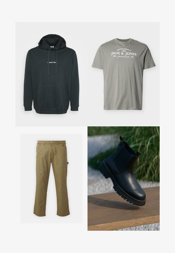 Sort hættejakke lavet af blødt stof, der har en frontlomme i kangaroo-stil, justerbare snore og et lille hvidt logo på brystet.; Lysegrå T-shirt med korte ærmer og hvid tekst "Creative Community 1990 Jack & Jones Reg. premium TM" på brystet.; Kaki bukser lavet af glat stof, med knaplukning, bæltestropper, to forlommer og en sidelomme, i lige ben design.; Sorte læder ankelstøvler med elastiske sidepaneler, rund tå og kraftig sål, vist på en træoverflade.