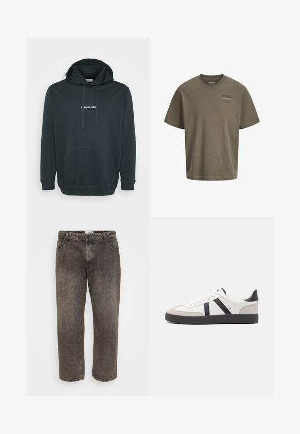 Schwarzer Hoodie aus weichem Stoff, ausgestattet mit einer frontalen Kängurutasche, verstellbaren Kordeln und einem kleinen weißen Logo auf der Brust.; Taupefarbenes kurzärmeliges Baumwoll-T-Shirt mit rundem Ausschnitt und kleinem bedrucktem Text auf der linken Brust.; Schwarz verwaschene Jeans mit geradem Bein, vorne mit Knopf- und Reißverschluss, Vordertaschen und Gürtelschlaufen.; Weiße Sneaker mit schwarz- und grau-aczenten, ausgestattet mit einer strukturierten grauen Zehenkappe, schwarzer Gummi-Sohle und flachen weißen Schnürsenkeln. Sauberes Design, minimalistische Stil.