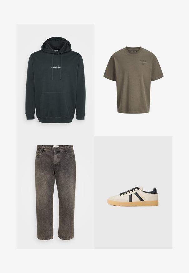 Hoodie noir en tissu doux, avec une poche kangourou à l'avant, des cordons ajustables et un petit logo blanc sur la poitrine.; T-shirt en coton taupe à manches courtes avec encolure ronde et petit texte imprimé sur le côté gauche de la poitrine.; Jean noir délavé à jambes droites avec fermeture devant par bouton et fermeture éclair, poches avant et passants pour ceinture.; Baskets décontractées en crème avec des rayures noires, présentant un dessus texturé et une semelle en caoutchouc. Les lacets sont noirs. Logo discret sur le côté.