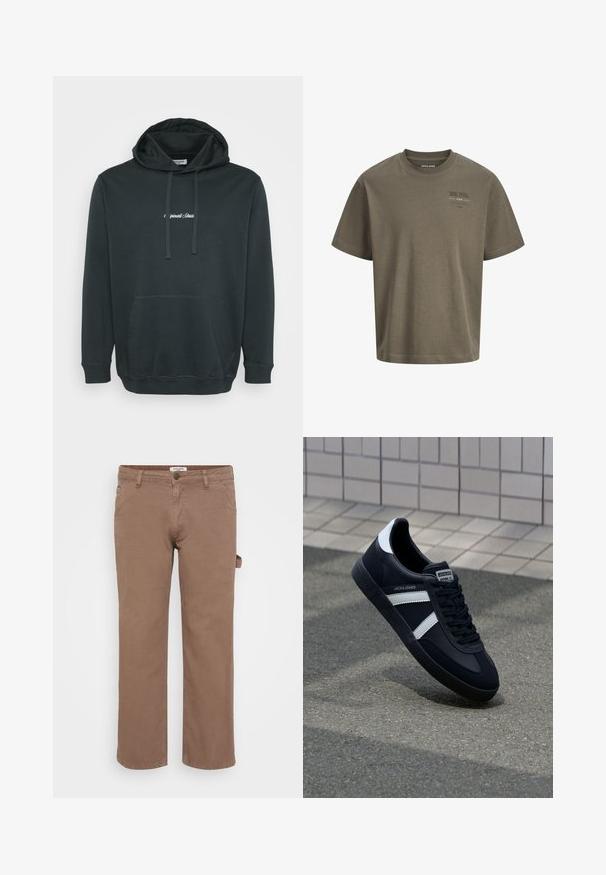 Sort hættejakke lavet af blødt stof, der har en frontlomme i kangaroo-stil, justerbare snore og et lille hvidt logo på brystet.; Taupe kortærmet bomulds t-shirt med rund halsudskæring og lille trykt tekst på venstre bryst.; Brune bomulds twill bukser med et lige ben-design. Har forlommer og en sidelommer til utility. Glat tekstur, afslappet stil.; Sort lædersneaker med hvide striber, tekstureret gummisål og snørrebånd foran. Har et brandet mærke på tungen.