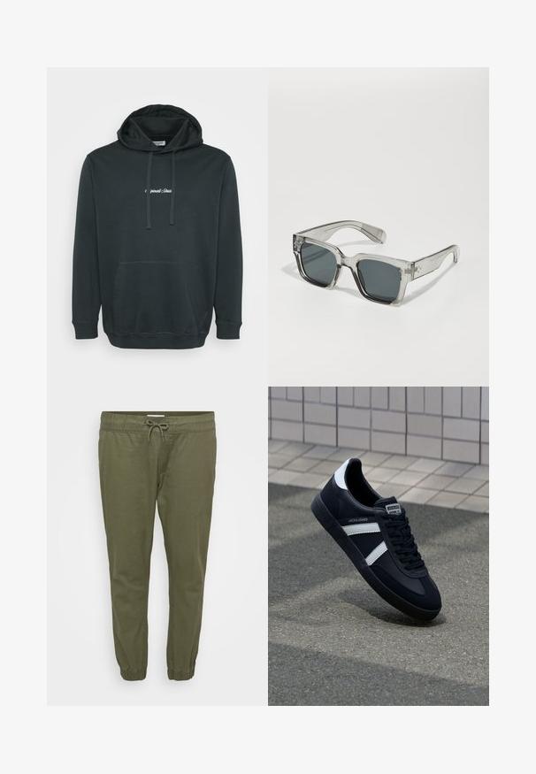 Sort hættejakke lavet af blødt stof, der har en frontlomme i kangaroo-stil, justerbare snore og et lille hvidt logo på brystet.; Olivenfarvede, letvægts tapered bukser med elastisk talje, justerbar snøre og elastiske manchetter ved anklerne. Glat tekstur.; Sort lædersneaker med hvide striber, tekstureret gummisål og snørrebånd foran. Har et brandet mærke på tungen.; Klare, oversized solbriller med mørke linser, der har en kraftig rektangulær stel og strukturerede stangsnehverv. Fremstillet af transparent kunststof.