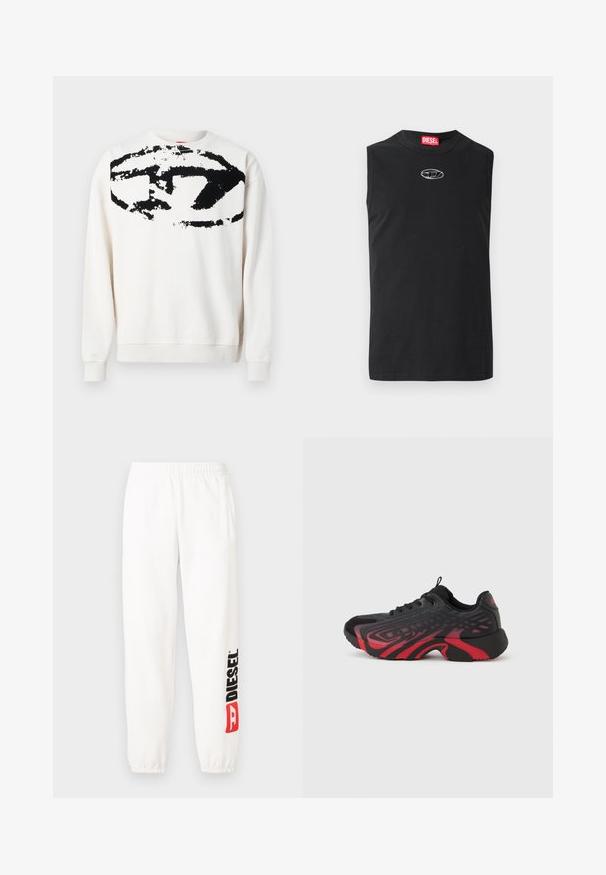 Sweatshirt blanc en tissu doux avec un grand motif noir abstrait sur le devant, col rond et poignets côtelés.; T-shirt sans manches noir en coton, avec un col rond et un logo argenté sur la poitrine. Design simple et uni sans motifs.; Pantalon de survêtement blanc en coton avec une ceinture élastique. La jambe gauche présente un logo "DIESEL" noir et rouge. Chevilles élastiquées. Texture lisse.; Chaussure de sport noire et rouge avec une tige texturée ornée de motifs, fermeture à lacets et semelle épaisse en caoutchouc.