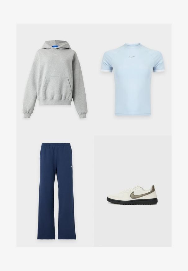 Sweat à capuche gris clair à manches longues avec une poche kangourou à l'avant, des poignets et un ourlet côtelés, et un petit logo Nike blanc centré près de l'encolure.; Haut de sport à manches courtes bleu clair en tissu lisse. Présente un col rond et un logo Nike discret sur la poitrine, avec des accents blancs.; Pantalon de jogging bleu marine avec taille élastique et petit logo blanc Nike sur la partie supérieure de la jambe gauche, coupe droite.; Nike Sportswear FIELD GENERAL - Baskets basses - off-white/black