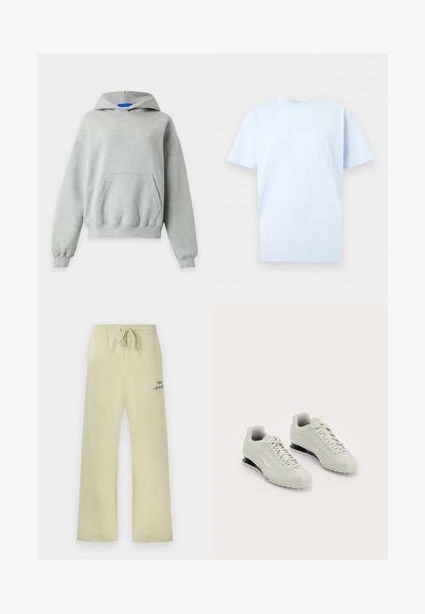 Sweat à capuche gris clair à manches longues avec une poche kangourou à l'avant, des poignets et un ourlet côtelés, et un petit logo Nike blanc centré près de l'encolure.; T-shirt bleu clair à manches courtes et col rond avec un petit logo Nike swoosh blanc centré sur la poitrine.; Pantalon de survêtement beige Nike avec ceinture élastique, cordon de serrage, coupe ample, et le texte "nike athletics" avec le logo swoosh sur la cuisse gauche.; Baskets Nike blanches avec un dessus texturé, présentant un embout lisse et des accents de rembourrage noirs. Style à lacets avec un talon renforcé.