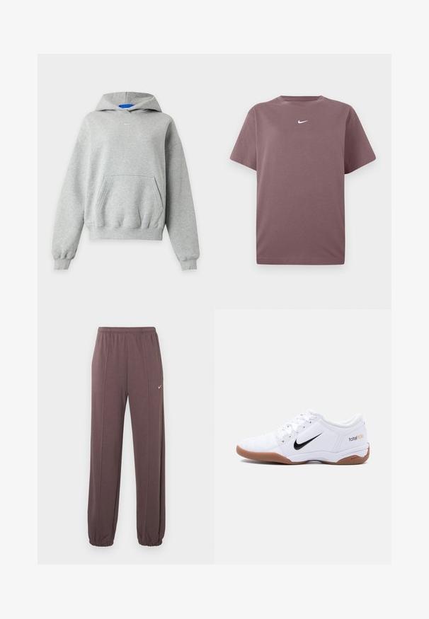 Sweat à capuche gris clair à manches longues avec une poche kangourou à l'avant, des poignets et un ourlet côtelés, et un petit logo Nike blanc centré près de l'encolure.; T-shirt à col rond mauve uni à manches courtes avec un petit logo Nike blanc centré sur la poitrine, présenté sur un fond blanc.; Pantalons de survêtement bruns à taille élastique avec des coutures latérales, des poignets élastiques et un petit logo Nike blanc en haut de la cuisse gauche.; Chaussure de football en salle Nike Total 90 III blanche avec logo swoosh noir et semelle en gomme, vue de profil sur un fond uni.