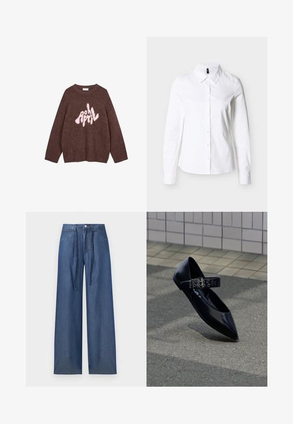Sudadera marrón de felpa con mangas largas y cuello redondo, que presenta un texto gráfico en rosa "APRIL" en una tipografía lúdica e irregular en el pecho.; Camisa blanca de manga larga con botones y cuello puntiagudo, presentada plana sobre un fondo gris claro.; Vaqueros de mezclilla azul de tiro alto y pierna ancha con bolsillos delanteros, trabillas para cinturón, cierre de botones y largos tirantes de tela para el cinturón.; Zapato plano negro puntiagudo con una amplia correa que presenta una doble hebilla plateada y ojales, colocado en posición vertical sobre asfalto cerca de una pared con azulejos.