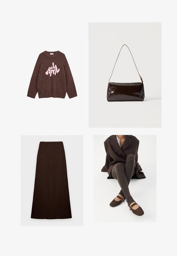 Brun fuzzy sweatshirt med lange ærmer og rund hals, der har teksten "APRIL" i pink i et legesygt, uregelmæssigt skrifttype over brystet.; Mørkebrun, ankellang A-formet nederdel med en glat, ensartet tekstur og en tætsiddende talje mod en ensfarvet hvid baggrund.; Brune ribbede knæhøje sokker parret med brune ruskinds Mary Jane sko med en dekorativ rem og spænde, båret med en mørk frakke.; Mørkebrun rektangulær læder skuldertaske med en enkelt tynd rem og spænde i guldton på en ensfarvet baggrund.