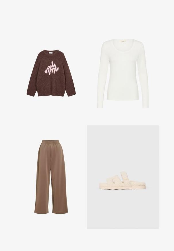 Brun fuzzy sweatshirt med lange ærmer og rund hals, der har teksten "APRIL" i pink i et legesygt, uregelmæssigt skrifttype over brystet.; Hvid, langærmet tætsiddende skjorte med rund halsudskæring, ensfarvet design og Love Copenhagen mærke indeni kraven.; Løse brune bukser med elastisk talje, brede ben og glat stof.; Cremefarvet fuzzy slide sandal med to brede stropper og flad, rillede sål, vist i sideprofil på hvid baggrund.