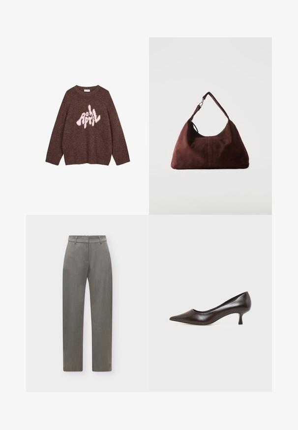 Sudadera marrón de felpa con mangas largas y cuello redondo, que presenta un texto gráfico en rosa "APRIL" en una tipografía lúdica e irregular en el pecho.; Pantalones de traje grises de pierna recta con trabillas para cinturón y frente liso, extendidos planos sobre un fondo blanco.; Zapato de tacón bajo de cuero marrón oscuro con punta afilada sobre fondo blanco.; Bolso de hombro de ante marrón suave con una sola correa y herrajes de metal plateado sobre un fondo claro y liso.