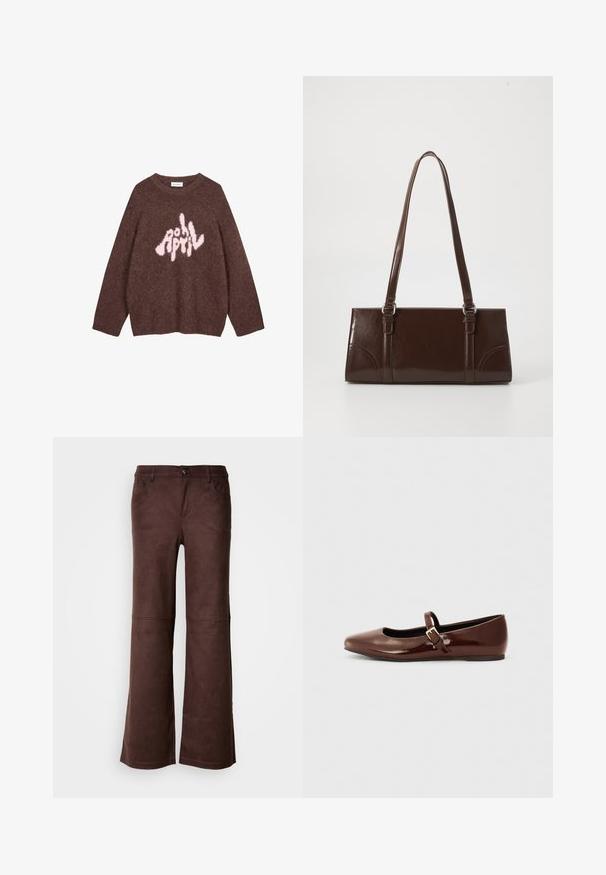 Sudadera marrón de felpa con mangas largas y cuello redondo, que presenta un texto gráfico en rosa "APRIL" en una tipografía lúdica e irregular en el pecho.; Pantalones de campana marrones en un tejido suave y parecido al ante. Presentan cuatro bolsillos, un cierre de botón y una superficie lisa y texturizada.; Bailarina de charol marrón con punta cuadrada y tira que presenta una pequeña hebilla dorada. Textura suave, tacón bajo y diseño minimalista.; Bolso de mano de piel sintética marrón con forma rectangular, dos asas largas y sutiles acentos curvados en la parte delantera.