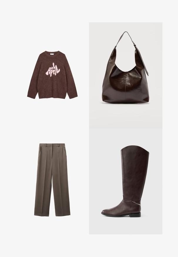 Sweatshirt brun en peluche avec des manches longues et un col rond, présentant un texte graphique rose "AVRIL" dans une police ludique et irrégulière sur la poitrine.; Pantalon à jambes larges en tissu brun doux au toucher, doté de deux poches avant et d'une ceinture ajustée.; Botte en cuir marron foncé montant jusqu'au genou, avec un talon plat et un petit charm argenté décoratif près de la cheville sur fond blanc.; Sac à bandoulière en cuir marron foncé brillant avec une seule large sangle et un détail de boucle sur un côté, posé sur un fond clair uni.