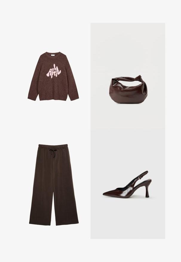 Brun fuzzy sweatshirt med lange ærmer og rund hals, der har teksten "APRIL" i pink i et legesygt, uregelmæssigt skrifttype over brystet.; Brune bukser med vide ben, elastisk talje og snørelukning, lavet af blødt stof, vist mod en hvid baggrund.; Brune patenterede læderslingback-sandaletter med spids tå, en tynd hæl og justerbar rem med en lille spænde.; Mørkebrun læder skuldertaske med en blød, afslappet form og et snoet knudehåndtag på en ensartet hvid baggrund.
